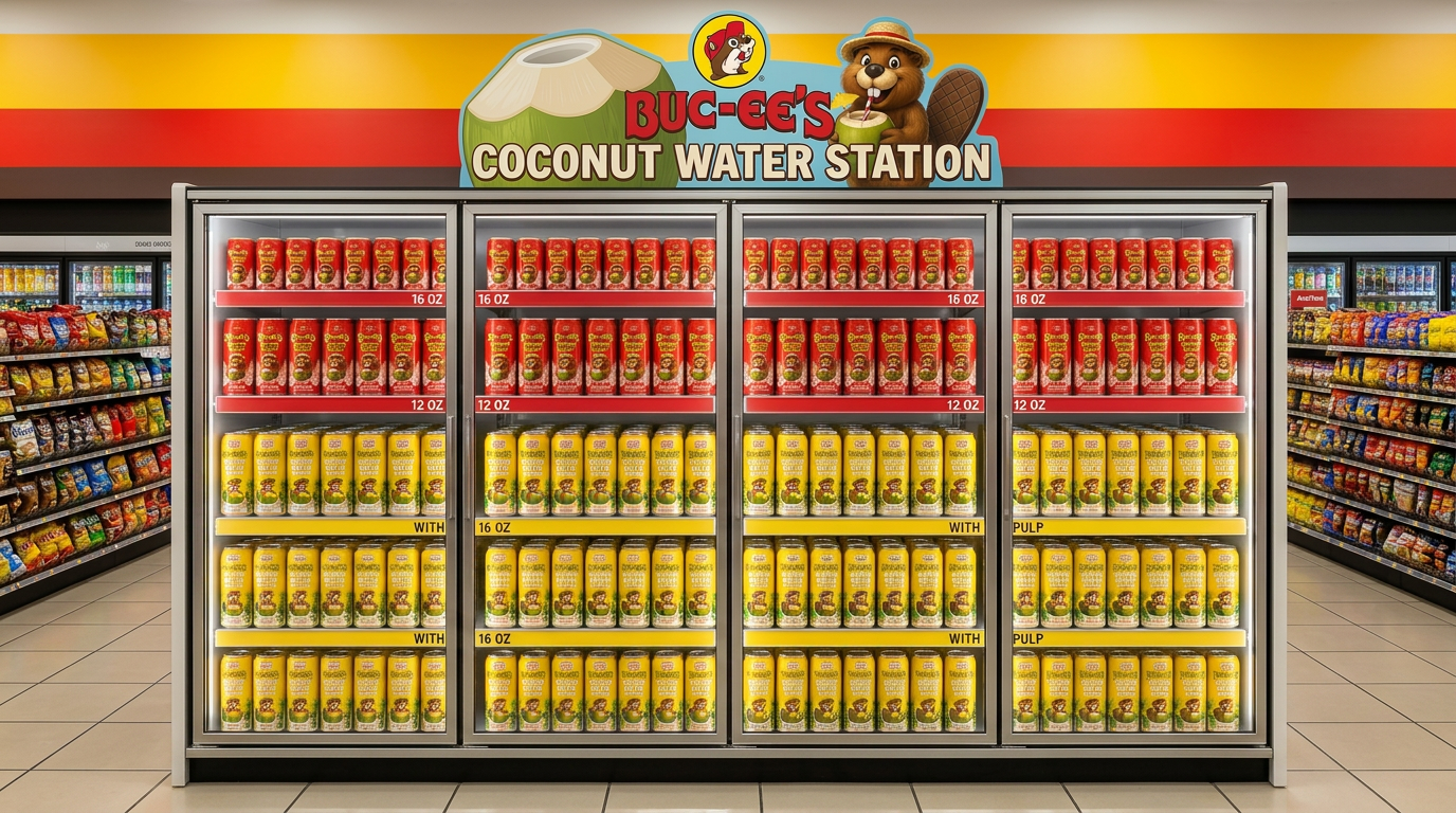 Buc-ee's Coconut Water red and yellow packaging merchandised across a travel-center cooler wall
