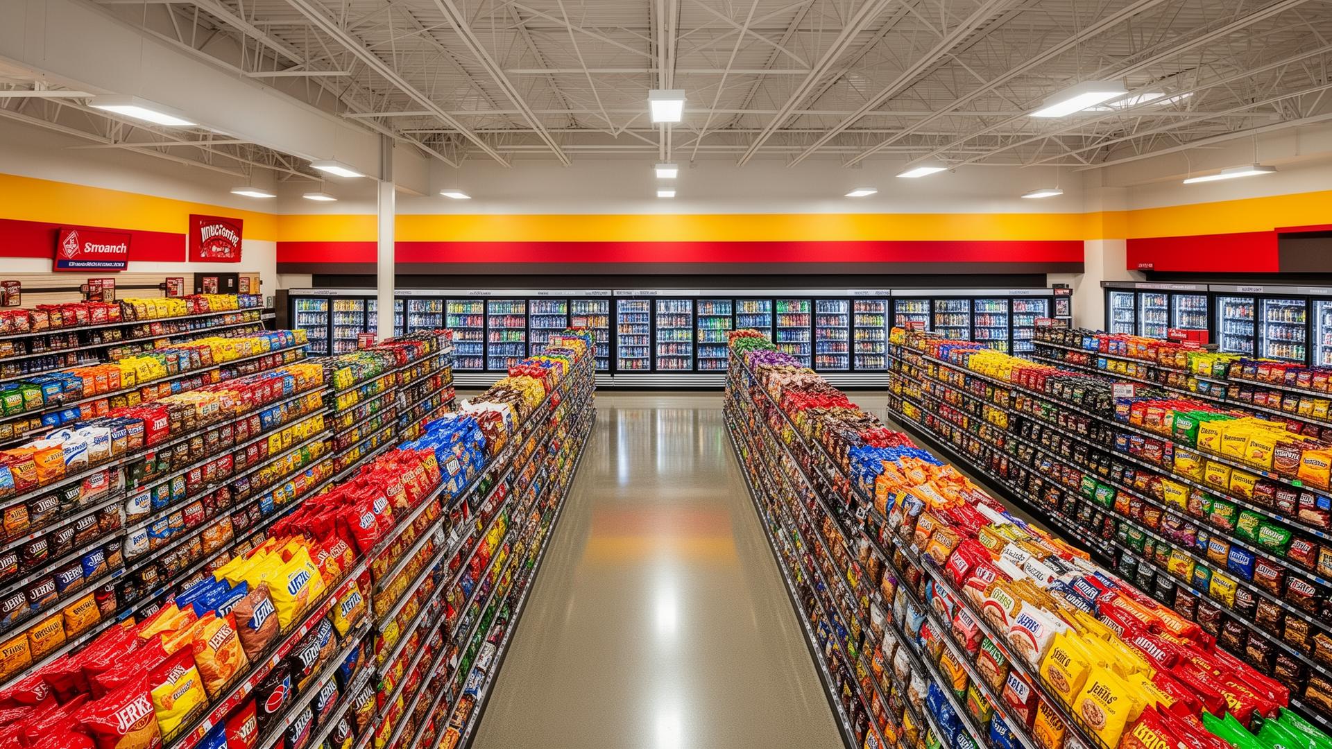Massive travel-center interior with branded snack aisles and full back-wall beverage coolers