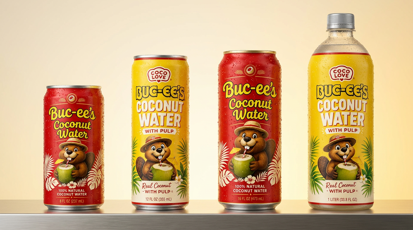 Buc-ee's Coconut Water full size lineup — 8oz, 12oz, 16oz, 1L