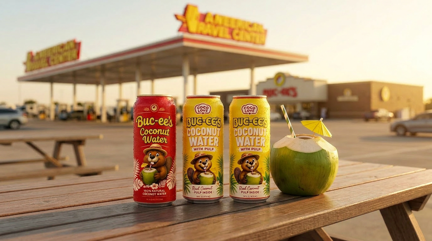 Buc-ee's Coconut Water red and yellow cans with a fresh coconut outside a travel center